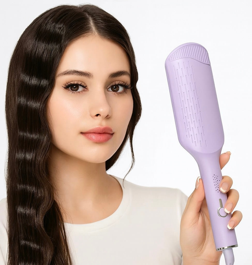 Beautiful woman using the Lilac Purple Pressed Tresses Hair Crimper and showing the silky waves it produced