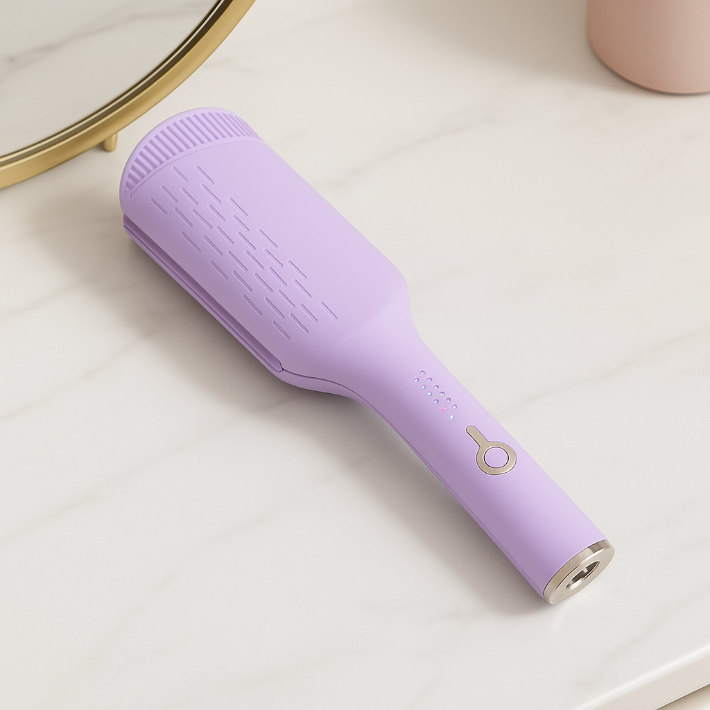 Lilac Purple Pressed Tresses Hair Crimper laying on the vanity ready to be plugged in and make beautiful waves