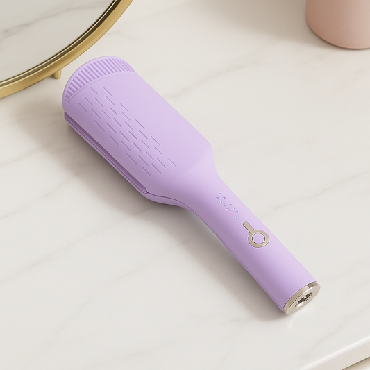 Lilac Purple Pressed Tresses Hair Crimper laying on the vanity ready to be plugged in and make beautiful waves